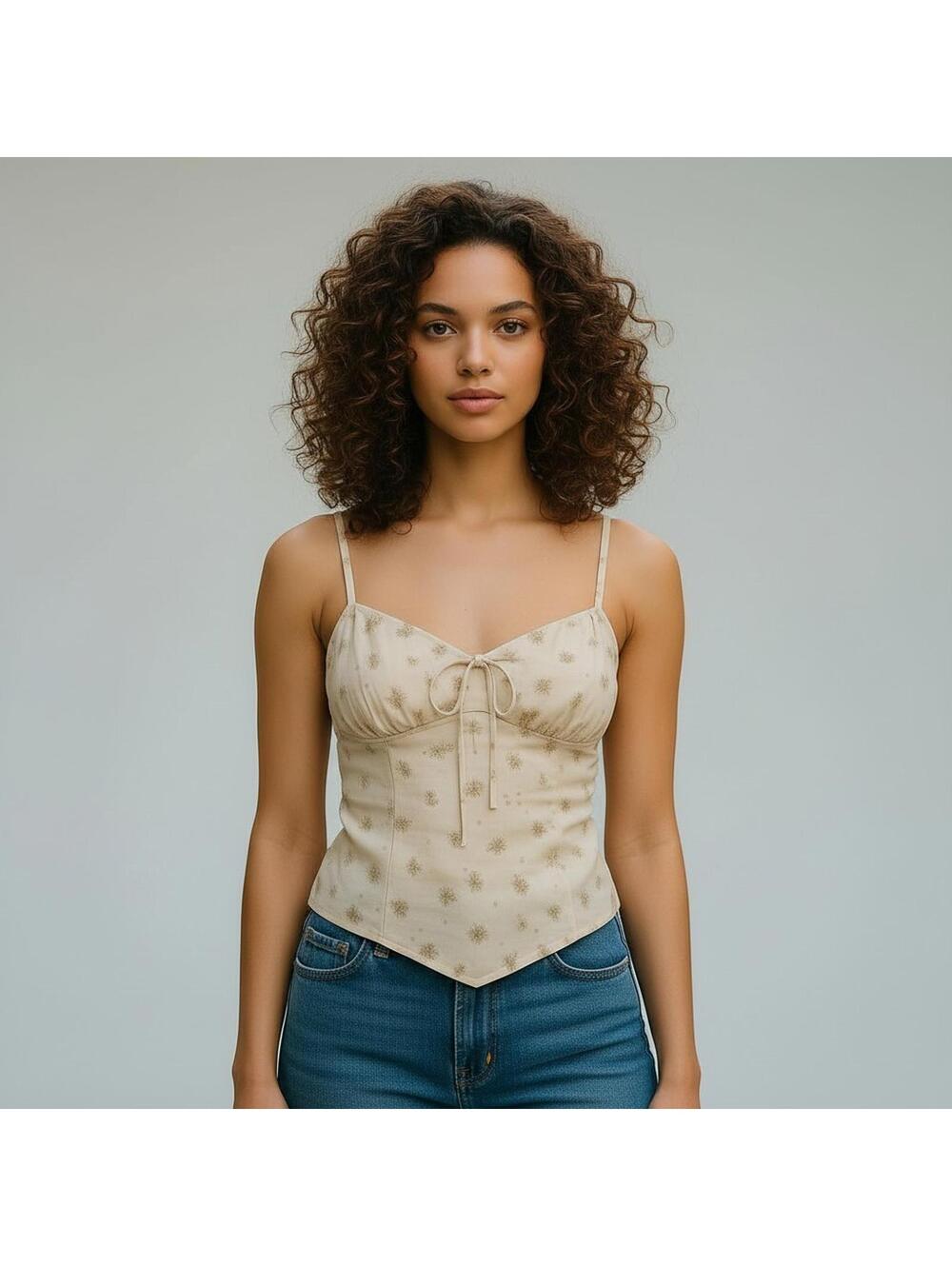 Backyard Roses Yellow Floral Print Corset Cami Top Spaghetti Strap Tank New